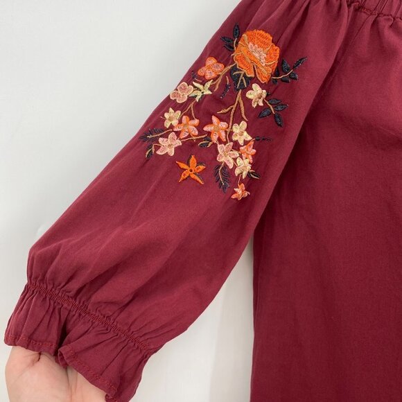 Justify Womens Burgundy Floral Embroidered Balloon Sleeve Tunic Top M Peasant - Picture 4 of 6